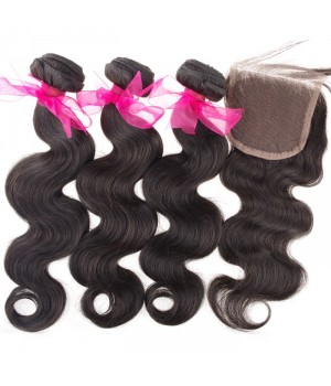 DHL Free Shipping Body Wave Hair Weaves with Free Part 4x4 Lace Closure
